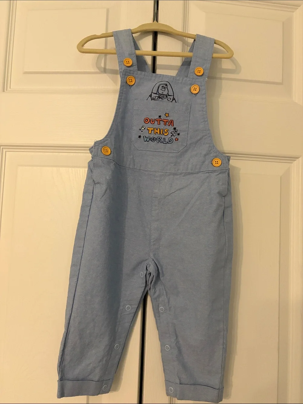Buzz Lightyear Overalls with  Embroidered Front “Outta This World” 18 Months EUC